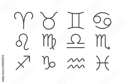 Minimalist Zodiac Signs Vector Set. Linear Astrology Symbols of Aries, Taurus, Gemini, Cancer, Leo, Virgo, Libra, Scorpio, Sagittarius, Capricorn, Aquarius, Pisces. Horoscope Icons Collection