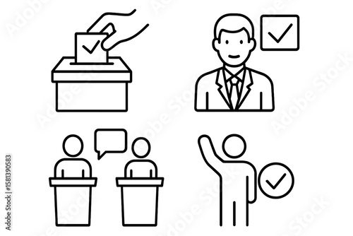 Voting and election line icon set of 4, vector pictograms of democratic processes, civic participation, ballot boxes, candidates, debates, voter engagement, checkmark symbols