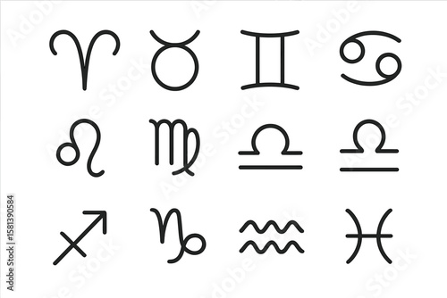 Minimalist Zodiac Signs Line Icons Set. Vector Astrology Pictograms of Aries, Taurus, Gemini, Cancer, Leo, Virgo, Libra, Scorpio, Sagittarius, Capricorn, Aquarius, Pisces, Horoscope Symbols