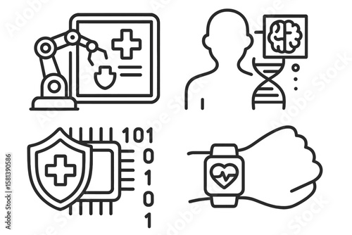 Health tech innovation line icon set. Futuristic medical concepts like robotic surgery, AI diagnostics, genetic research, healthcare cybersecurity, and wearable health monitoring.