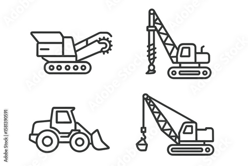 Heavy industry construction machinery line icon set. Crawler crane, front loader, piling rig, cold planer. Vector pictogram for building, engineering, road work, excavation.