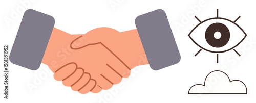 Handshake representing collaboration and partnership, alongside an eye highlighting vision, awareness, and clarity. Ideal for teamwork, trust, business, cooperation, agreement strategy simple flat