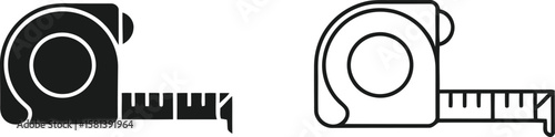 Simple black and white icons of a tape measure for measurement and construction