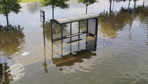 Flooding inundates a bus stop with rising waters, with a stark warning about the power of nature and impact on urban infrastructure. Capturing the destructive potential of severe weather events.