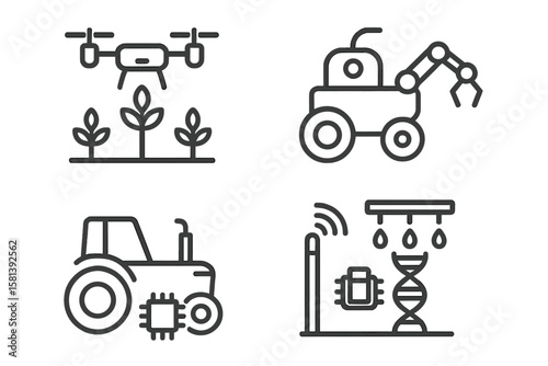 Agriculture technology line icon set. Agri-tech innovation concepts. Smart farming automation pictograms. Drone, robot harvester, autonomous tractor, IoT sensor, irrigation, biotech vector.