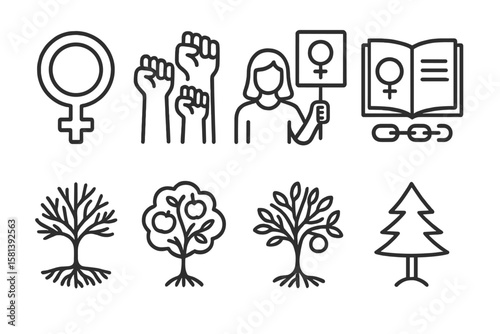 Feminist Symbols and Tree Icons, Line Art, Women Rights, Protest Fists, Female Sign, Educational and Environmental Concepts, Minimalist Vector Graphics for Social Issues