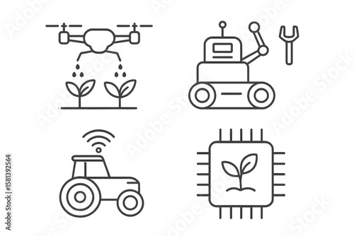Agriculture technology line icon set. Agri-tech vector pictograms of drone, robot, smart tractor, biotech chip. Thin linear symbols for precision farming and farm automation.