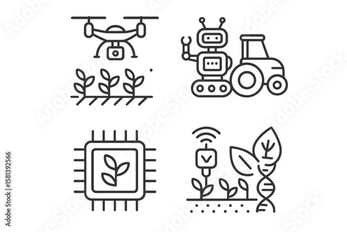 Agriculture technology thin line icon set. Vector pictograms of agri-tech concepts. Smart farming automation with drone, robot, tractor, chip, sensor, biotech, and irrigation.