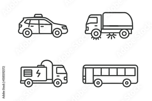 Airport ground support vehicle line icon set. Runway inspection car, sweeper, power generator, and passenger bus vector pictograms. Aviation service transport concept.