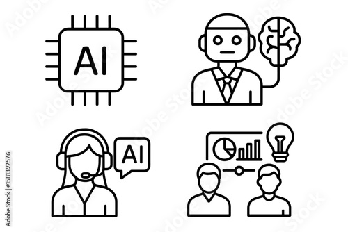 AI in business line icon set of 4, vector pictograms of chip, machine learning, neural network, customer service, artificial intelligence, innovation, dashboard, technology