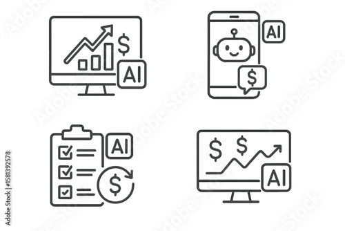 AI in finance line icon set with 4 vector pictograms. Includes analytics, prediction, checklist, transaction monitor, mobile app, chatbot, chart, and fintech concepts.