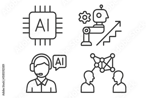 AI in business line icon set of 4, vector pictograms of chip, machine learning, neural network, customer service, artificial intelligence, innovation, dashboard, technology