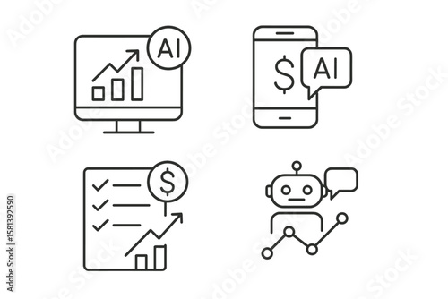 AI in finance line icon set. Fintech vector pictograms. Financial analytics, stock market prediction chart, mobile banking app, investment chatbot, budget checklist monitor.