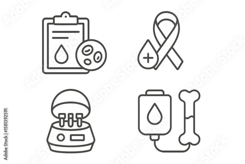 Anemia and Blood Disorder Line Icon Set of 4, Vector Pictograms of Blood Test, Droplet, Supplement, Awareness Ribbon, Centrifuge, Bone Marrow, Plasma Transfusion, Medical Lab