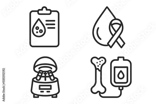 Anemia and Blood Disorder Line Icon Set of 4, Vector Pictograms of Blood Test, Droplet, Supplement, Awareness Ribbon, Centrifuge, Bone Marrow, Plasma Transfusion, Medical Lab