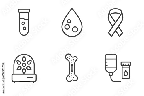 Anemia and Blood Disorder Line Icon Set. Vector Pictograms of Blood Test, Droplet, Supplement, Awareness Ribbon, Centrifuge, Bone Marrow, Plasma, Transfusion, Medical Lab.