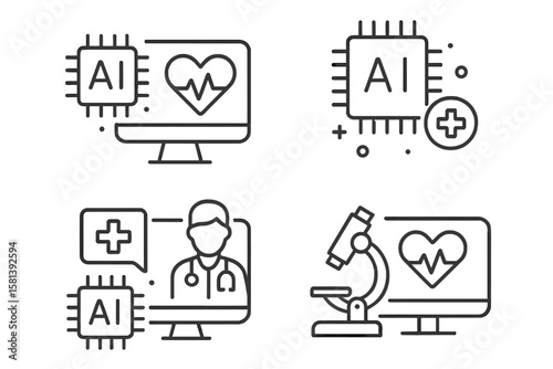 AI in medicine line icon set. Vector pictograms of diagnostics, technology, telemedicine, health monitoring, chip, computer, microscope, clinical support, thin line symbols.