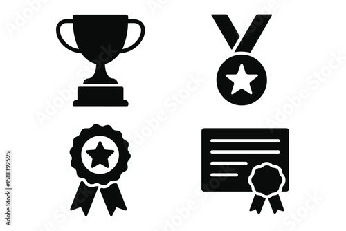 Award and achievement icon set of 4 vector glyph pictograms: trophy, medal, ribbon, certificate, laurel wreath, crown, podium for success, recognition, competition, victory