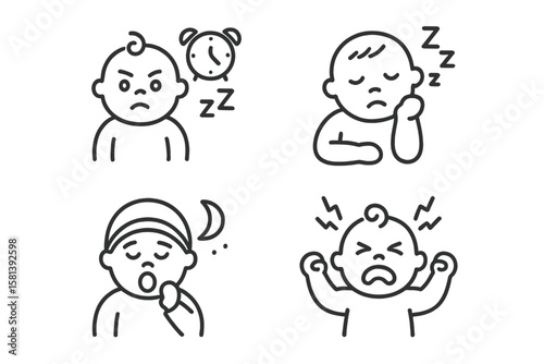 Baby sleep problems line icon set. Vector pictograms of infant awake, exhausted toddler, yawning child, sleeplessness, tantrum, soothing, meltdown. Thin linear illustration