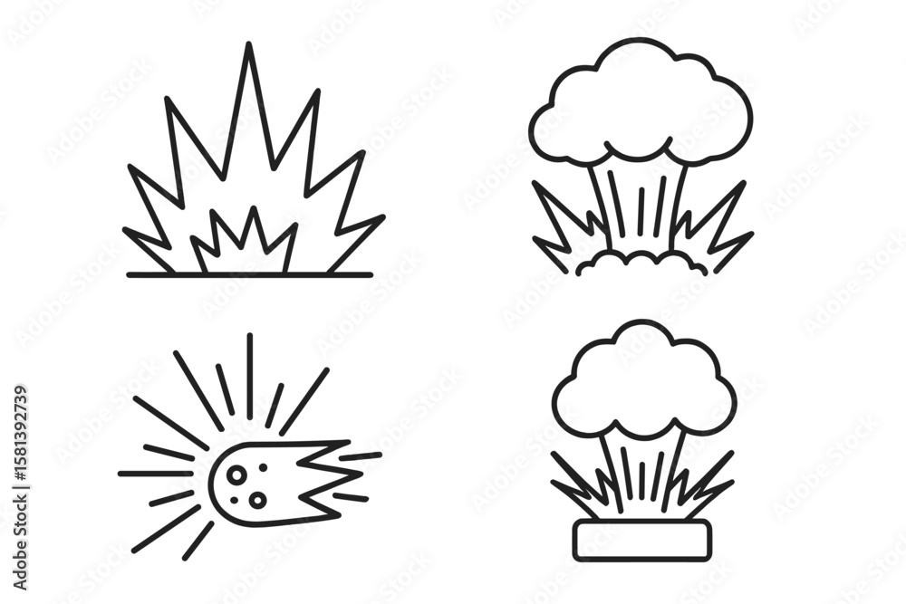 Fototapeta premium Explosion blast icon set, burst detonation fireball shockwave meteor chemical explosion, thin linear outline vector, explosive impact pictograms, energy burst, 4 illustrations