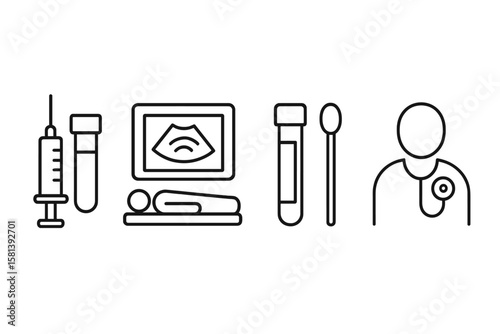 Diagnostic tests, medical scans with clear linear icon set of 4, including bloodwork, imaging, sample collection, routine health assessments, medical diagnostics vector icons