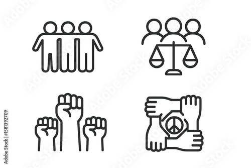 Diversity and inclusion line icon set of 4, vector icons representing unity, equality, multicultural collaboration, raised fists, interconnected hands, peace, teamwork