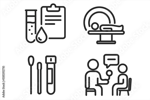 Medical diagnostic test icon set with clear linear vector illustrations. Features bloodwork, imaging scans like MRI, sample collection, and routine doctor health assessments.