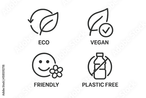 Ethical production line icon set of 4, vector pictograms of eco friendly, vegan, plastic free, organic, recyclable, certified, non toxic, thin linear style, sustainable lifestyle icons