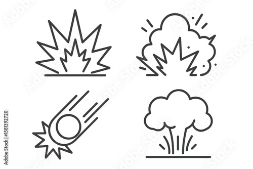 Explosion and Blast Icon Set – Linear Vector Illustrations of Burst, Detonation, Fireball, Shockwave, Meteor Impact, Chemical Explosion, Thin Line Design