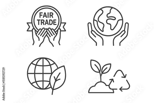 Fair Trade and Sustainability Line Icon Set of 4, Vector Pictograms of Ethical Practices, Eco-Friendly Initiatives, Global Responsibility, Recycling, and Green Living