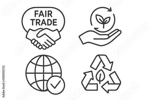 Fair Trade, Sustainability, Eco-Friendly, Global Responsibility Linear Icon Set. Ethical Practices, Recycling, Environmental Care, Certified Product, Thin Line Vector Illustration Collection