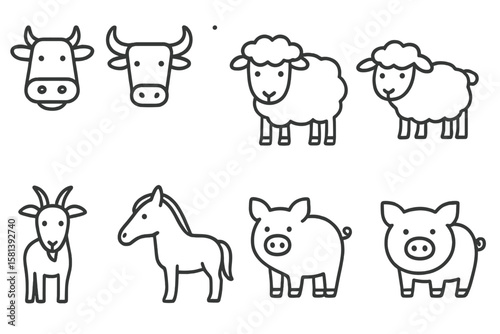 Farm animals line icon set, vector pictograms of cow, bull, sheep, lamb, goat, horse, pig, domestic and livestock animals, thin linear illustration, simple and clean vector design
