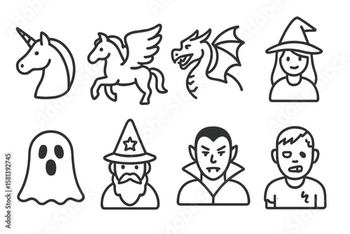 Fantasy creature line icon set with unicorn, pegasus, dragon, witch, wizard, ghost, vampire, zombie – mythical beings and monsters thin linear vector icons for creative design.
