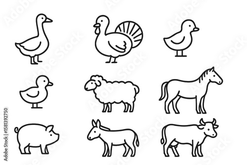 Farm animals line icon set, vector pictograms of goose, turkey, chick, duckling, duck, sheep, horse, pig, donkey, ox, thin linear illustration, domestic livestock, farmyard animals