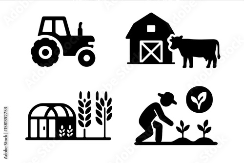Farming and agriculture icon set of 4 vector glyph pictograms: tractor, barn, greenhouse, livestock, wheat, crop cultivation, and sustainable farming in black silhouette