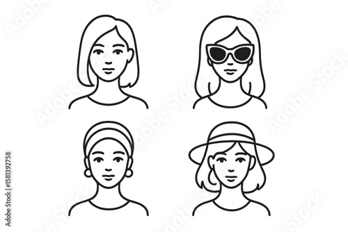Female head line icon set of 4, vector pictograms of beauty lady with sunglasses, earrings, ethnic scarf, hat, elegant young woman, modern thin linear style, fashion accessories