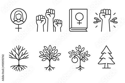 Feminist Empowerment Line Icons Set. Women’s Rights, Gender Equality, Raised Fist, Protest, Breaking Chains, Feminist Book, Tree of Life, Thin Linear Vector Illustration