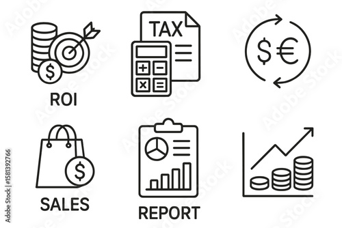 Finance and Accounting Line Icons for Business and Investment Concepts, including ROI, Tax, Currency Exchange, Sales, Reports, Stock Performance, and Financial Growth