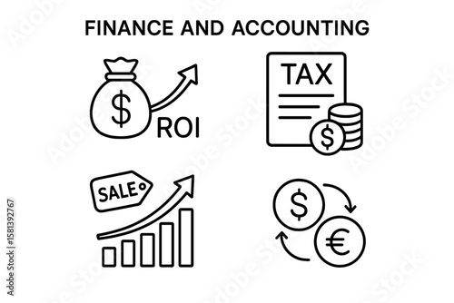 Finance and Accounting Line Icons for Business and Investment Concepts, including ROI, Tax, Currency Exchange, Sales Growth, Stock Performance, and Financial Reports