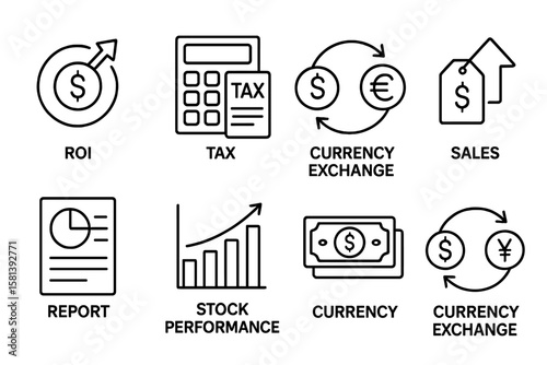 Finance and Accounting Line Icons for Business and Investment, including ROI, Tax, Currency Exchange, Sales, Report, Stock Performance, Vector Set