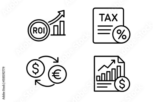 Finance and Accounting Line Icons for Business and Investment Concepts, including ROI, Tax, Currency Exchange, Sales, Financial Report, Stock Performance, and Currency Symbols