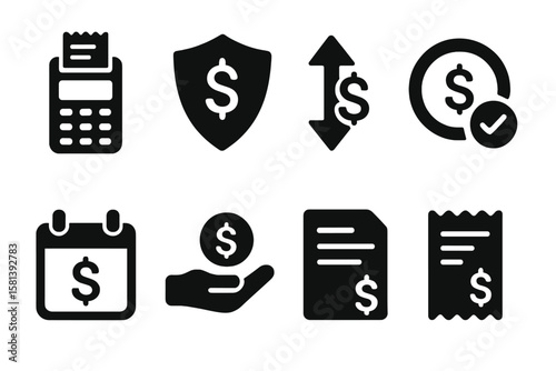 Financial transactions glyph icon set, vector icons of payment terminal, secure shield, split currency exchange, confirmation checkmark, scheduled payment, deposit hand, invoice and billing receipt