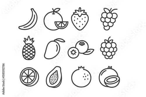 Fruits Line Icon Set, Vector Pictograms of Banana, Orange, Strawberry, Grapes, Pineapple, Mango, Blueberry, Raspberry, Lime, Kiwi, Papaya, Pomegranate, Coconut