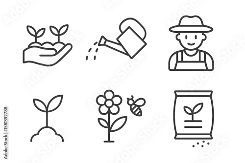 Gardening and Agriculture Line Icon Set, Vector Pictograms of Growing Your Own Food, Watering Can, Seedling, Sprout, Farmer, Pollination, Fertilizer, Greenhouse, Thin Line Style, Sustainable Farming