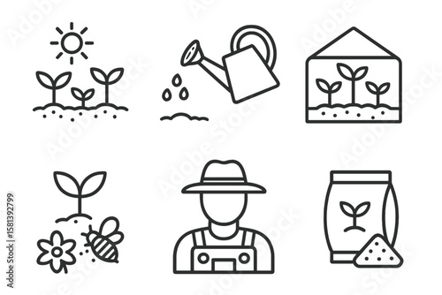 Gardening and Agriculture Line Icon Set of 6, Vector Pictograms Growing Your Own Food, Watering Can, Greenhouse, Seedling, Sprout, Farmer, Pollination, Fertilizer, Thin Line