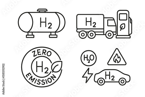 Hydrogen Energy and Clean Fuel Technology Line Icon Set of 4, Including H2 Storage, Transportation, Refueling, Zero Emissions, Production Types, Vehicles, and Safety Symbols