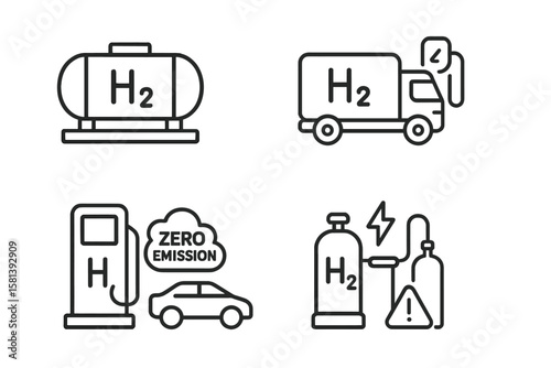 Hydrogen energy and clean fuel technology line icons set of 4, including H2 storage, transportation, refueling, zero emissions, production methods, vehicles, and safety concepts