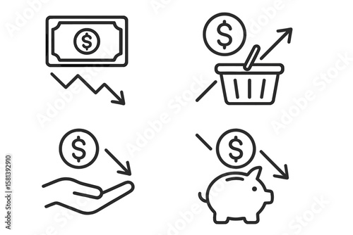 Inflation and economic instability line icon set of 4. Money loss, rising prices, decreasing purchasing power, falling savings, financial challenges vector icons.
