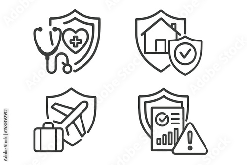 Insurance and protection line icon vector set of 4, including health, home, travel, disability, property damage, business liability, claim, risk, safety, security icons