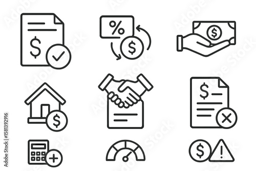Loan and Financing Line Icon Vector Set with Approval, Interest Rate, Repayment, Mortgage, Agreement, Penalty, Rejection, Calculator. Outline Style for Business and Finance Design.
